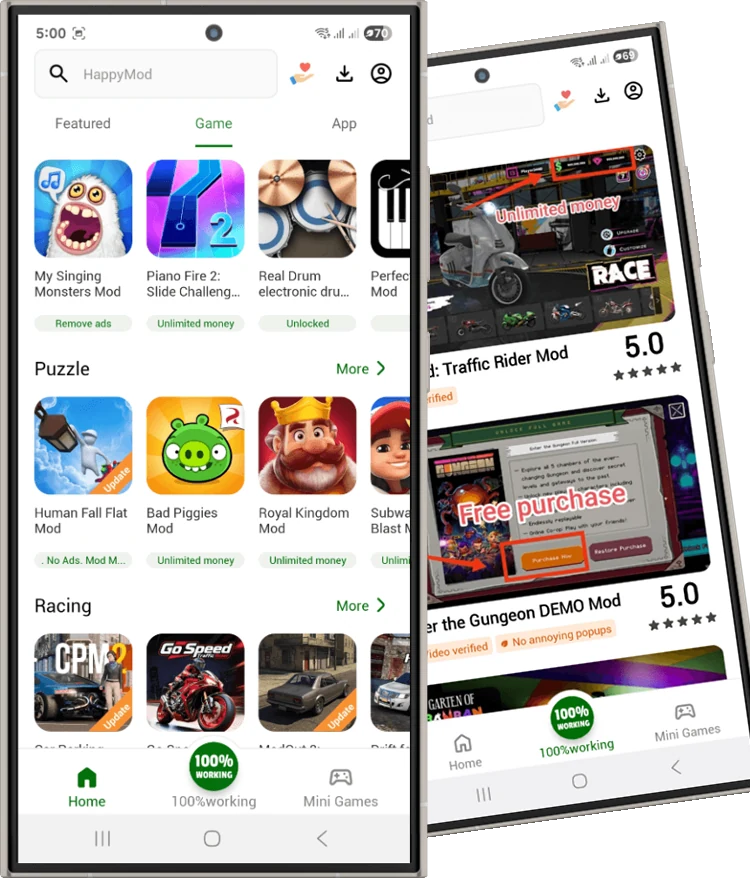 HappyMod app showing game categories and verified downloads