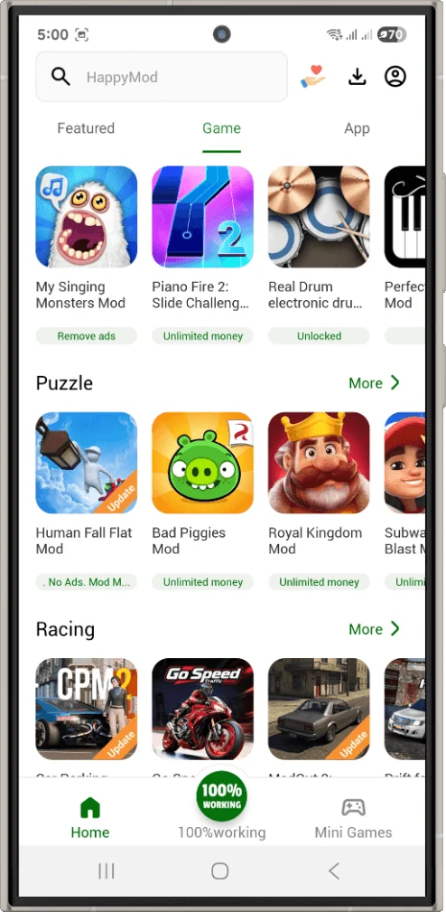 HappyMod home screen with featured games