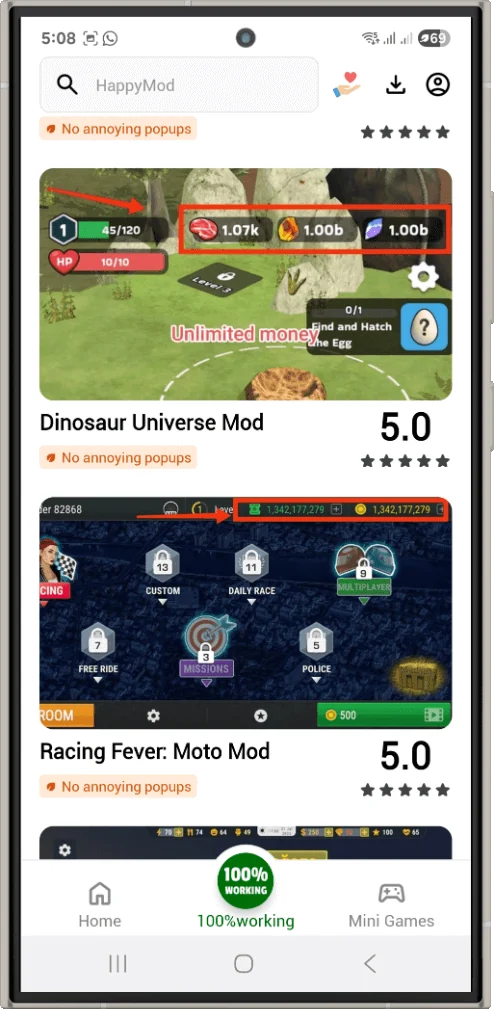 HappyMod mini games section