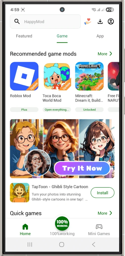 HappyMod recommended games screen